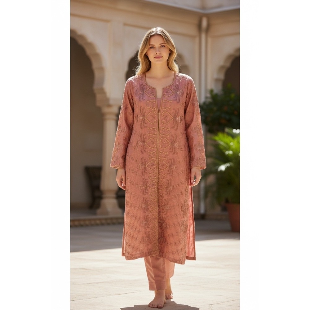 Handmade Vintage Aari‎ Embroidered Long Jacket Tunic Pants Set Shawl Sari Wrap